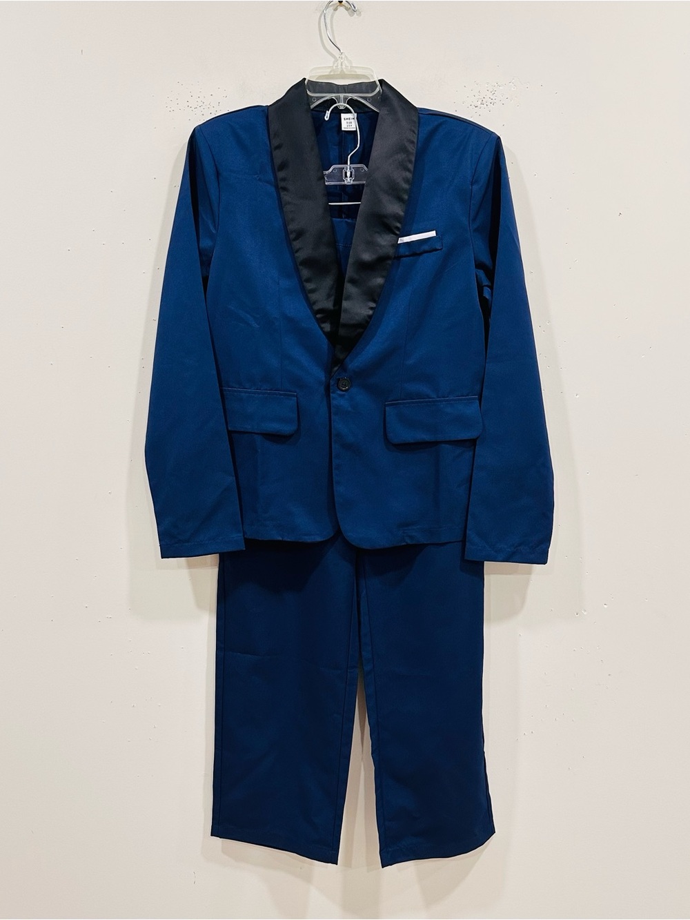 SHEIN Boys 2-Piece Tuxedo Suit Indigo Blue Black Shawl Lapel Size 15 Y